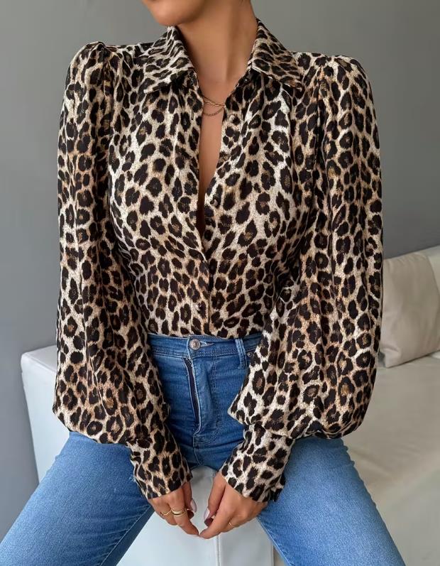 Satin Leopard Balloon Sleeve Button Blouse - Leopard - 3