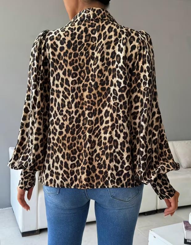 Satin Leopard Balloon Sleeve Button Blouse - Leopard - 4