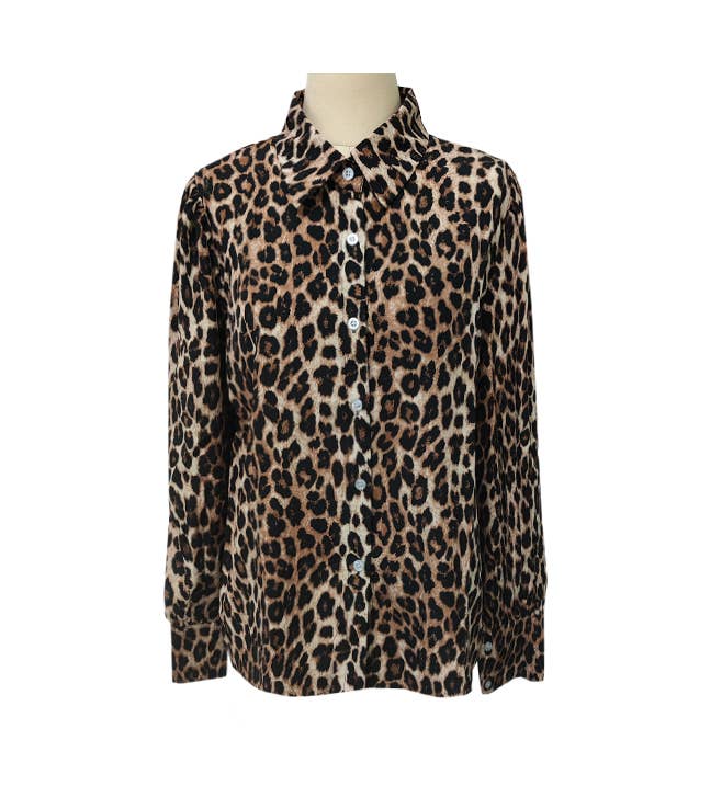 Satin Leopard Balloon Sleeve Button Blouse
