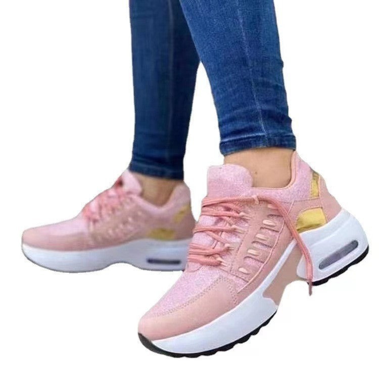Air Cushion Lace Up Wedge Sneakers - Pink