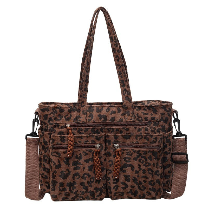 Leopard Corduroy Tote Bag with Zip Pockets - Coffee