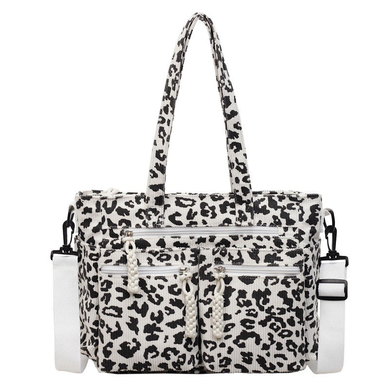 Leopard Corduroy Tote Bag with Zip Pockets - White