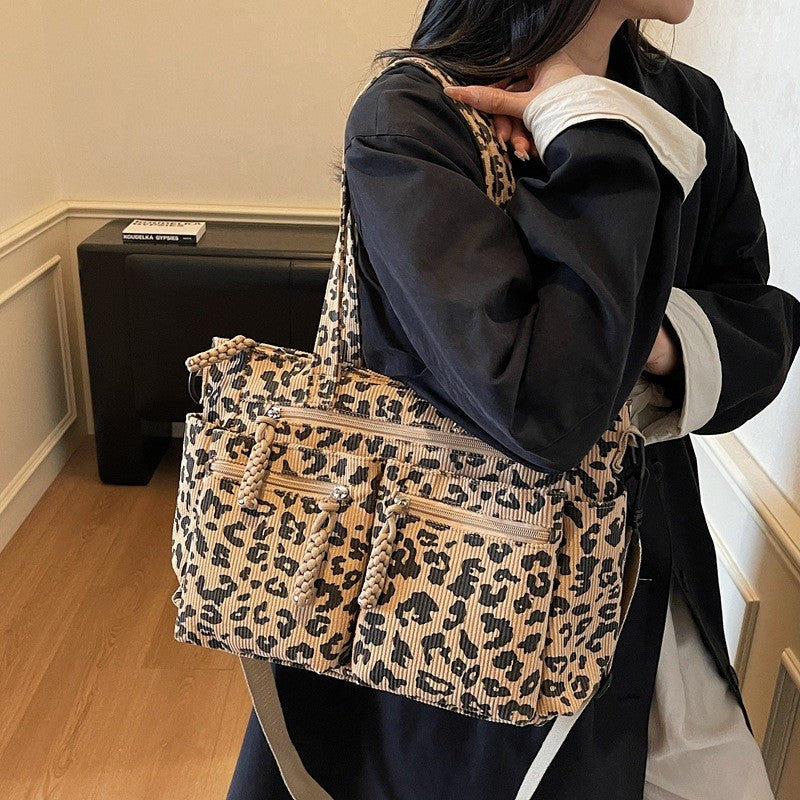 Leopard Corduroy Tote Bag with Zip Pockets