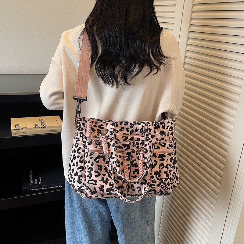 Leopard Corduroy Tote Bag with Zip Pockets