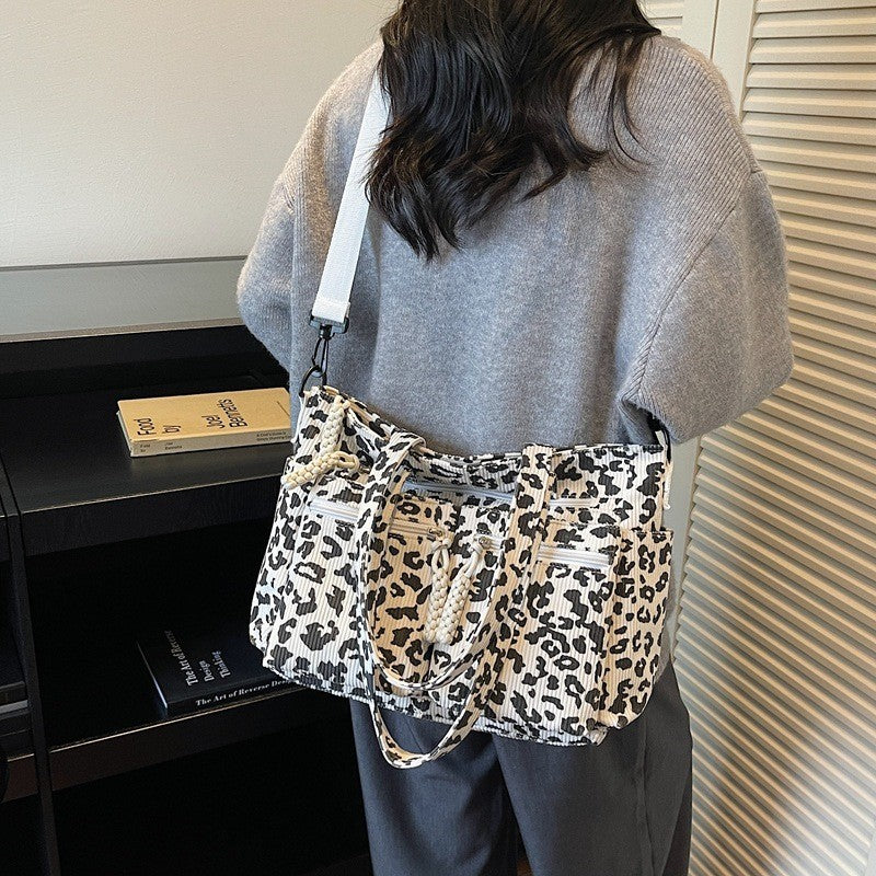 Leopard Corduroy Tote Bag with Zip Pockets