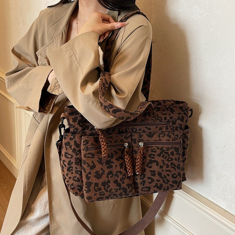Leopard Corduroy Tote Bag with Zip Pockets
