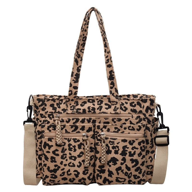 Leopard Corduroy Tote Bag with Zip Pockets