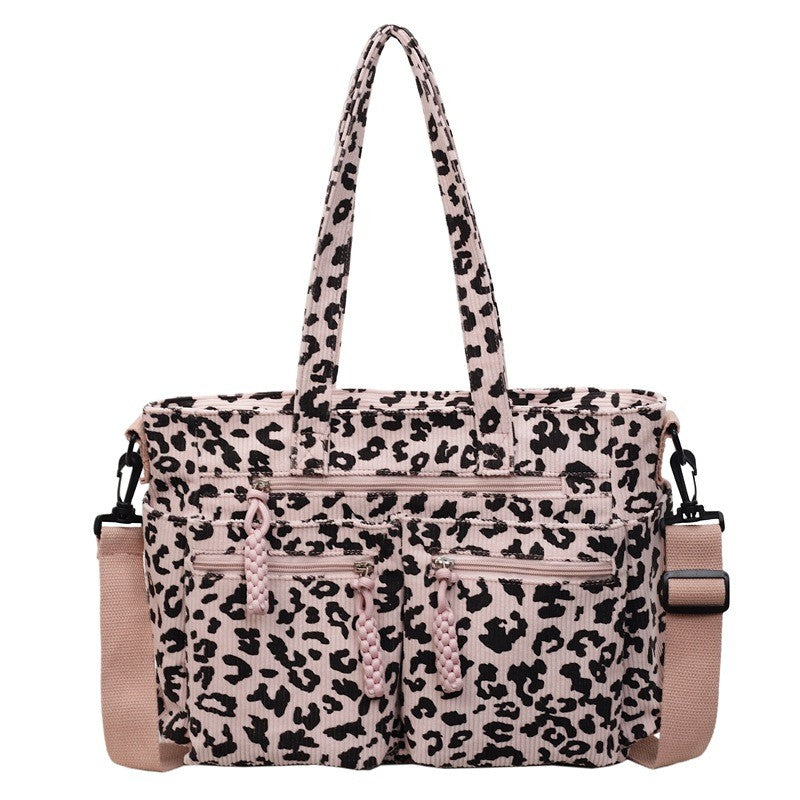 Leopard Corduroy Tote Bag with Zip Pockets