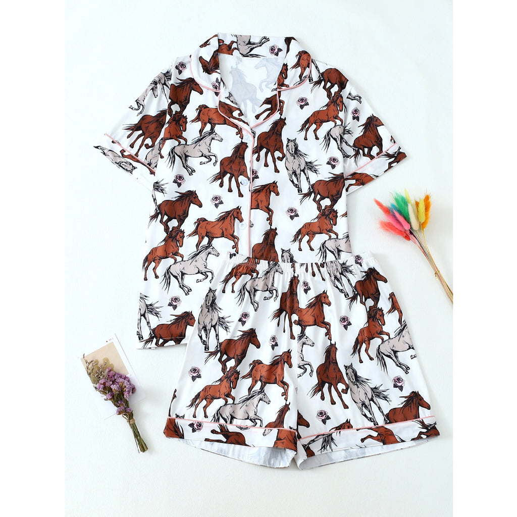 Horse Print Short Sleeve Pajama Set - White