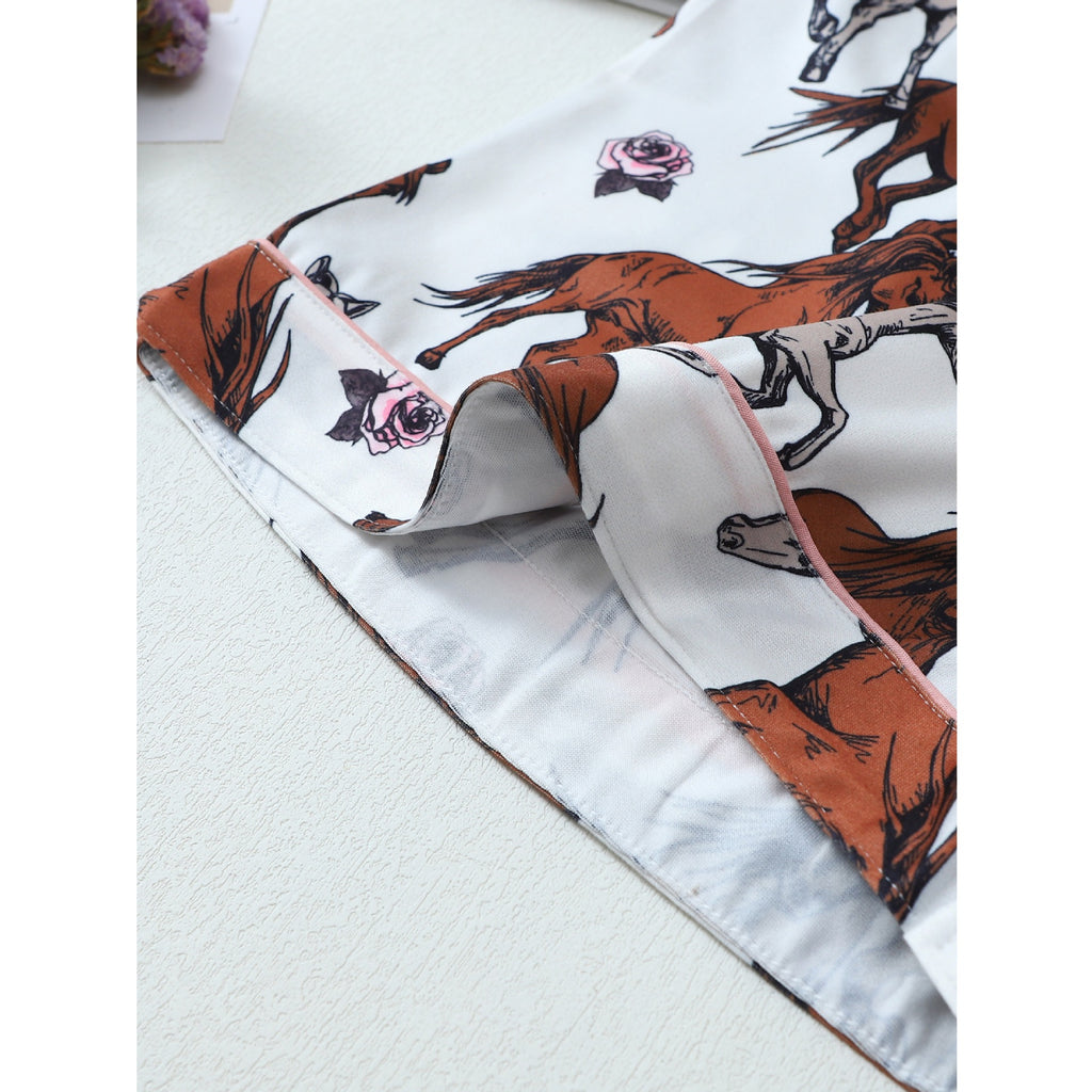 Horse Print Short Sleeve Pajama Set - White - 1