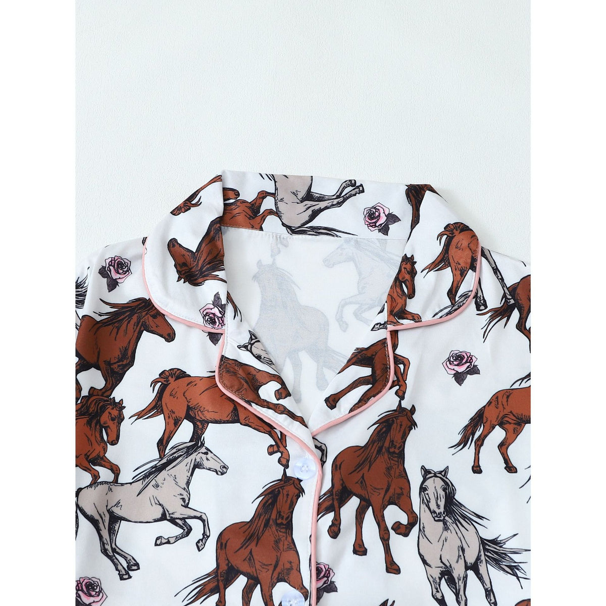 Horse Print Short Sleeve Pajama Set - White - 3