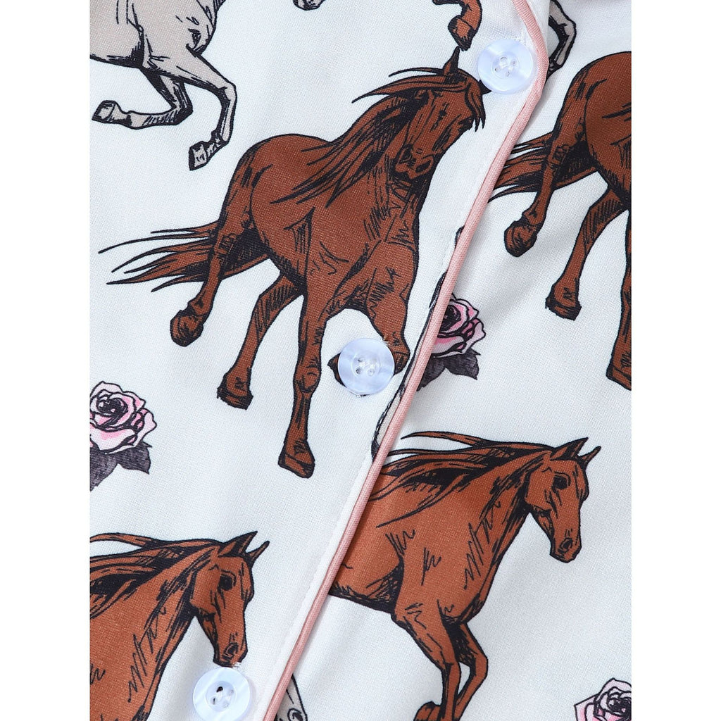 Horse Print Short Sleeve Pajama Set - White - 4