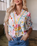 Watercolor Floral Ruffle Sleeve Boho Blouse - Decor
