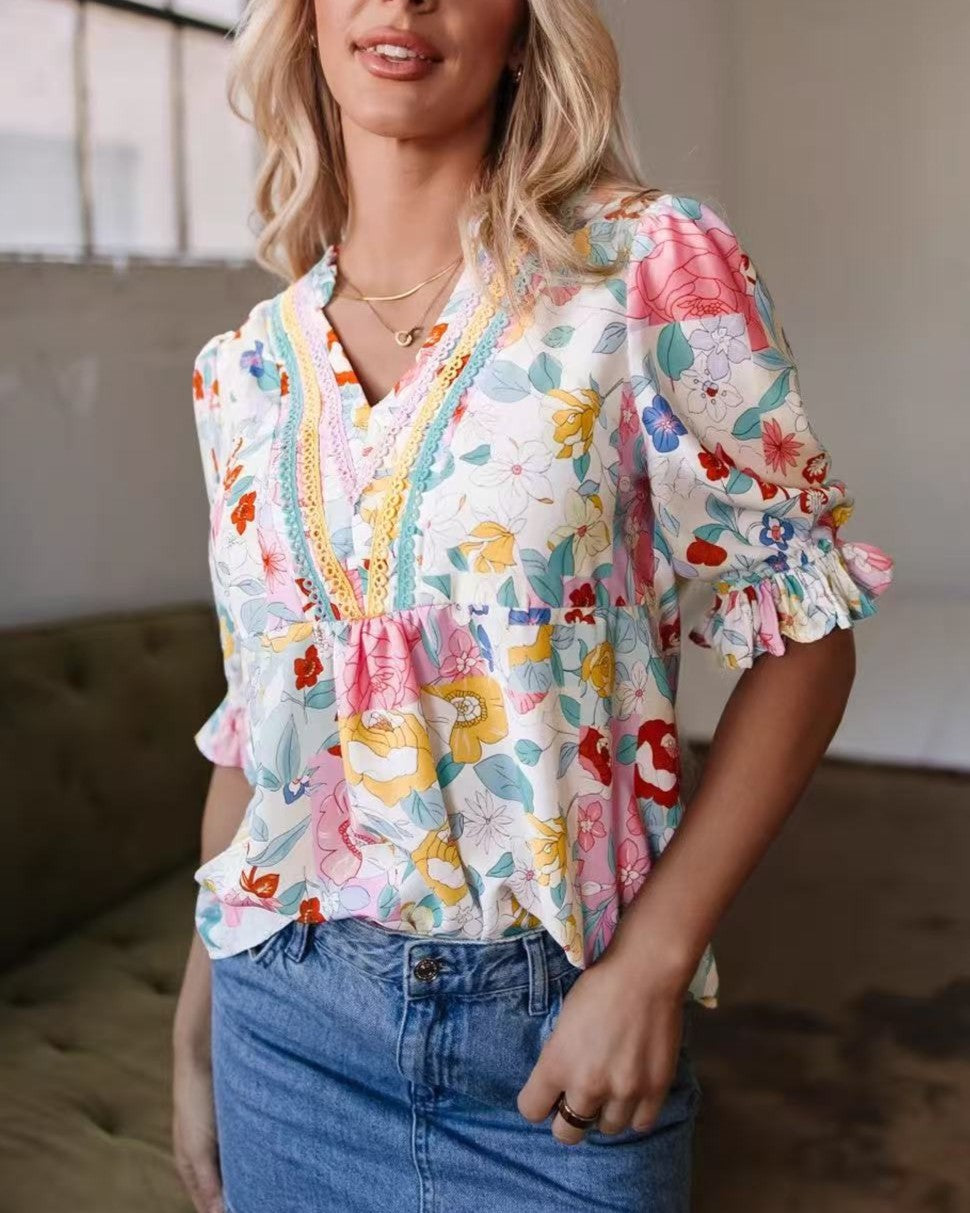 Watercolor Floral Ruffle Sleeve Boho Blouse - Decor - 1