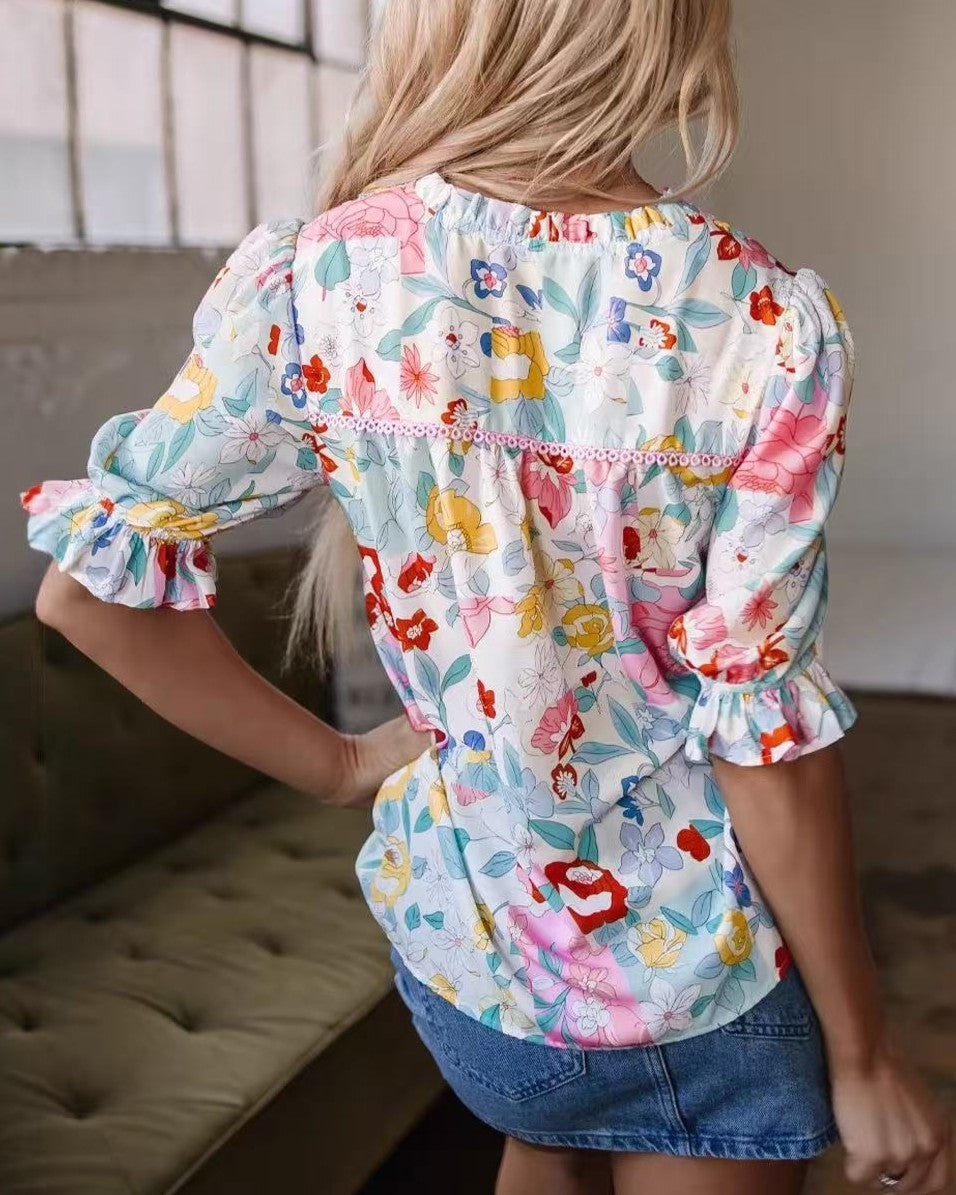 Watercolor Floral Ruffle Sleeve Boho Blouse - Decor - 2