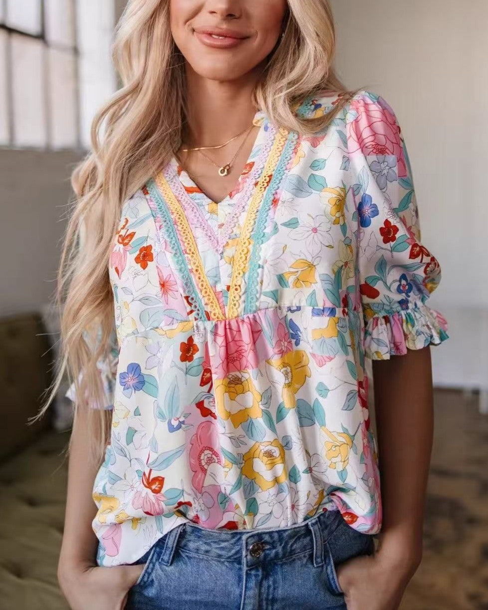 Watercolor Floral Ruffle Sleeve Boho Blouse - Decor - 3