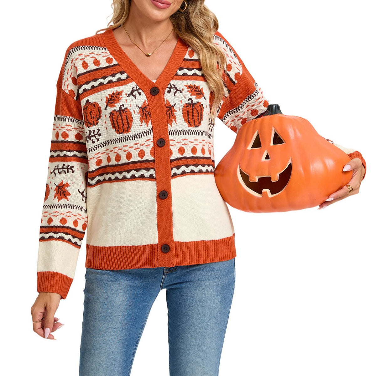 Pumpkin Fair Isle Button Knit Cardigan - Orange - 1