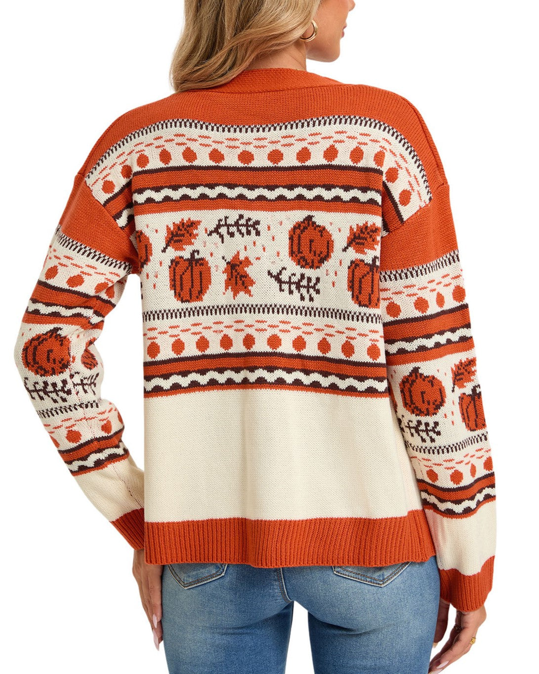 Pumpkin Fair Isle Button Knit Cardigan - Orange - 2