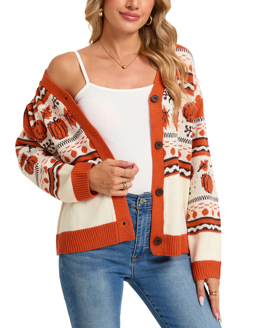 Pumpkin Fair Isle Button Knit Cardigan - Orange - 3