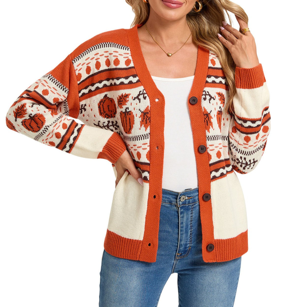 Pumpkin Fair Isle Button Knit Cardigan - Orange - 4