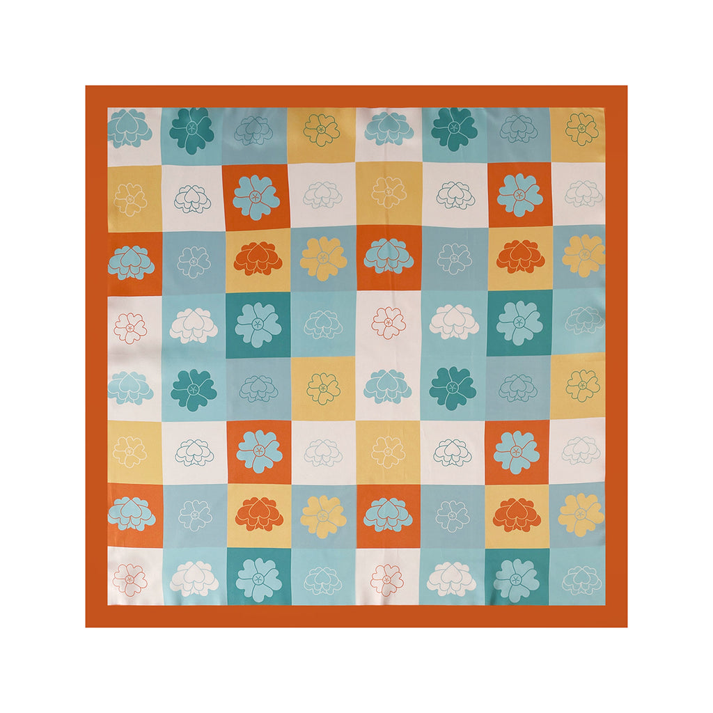 Checkerboard Floral Print Square Bandana - Orange