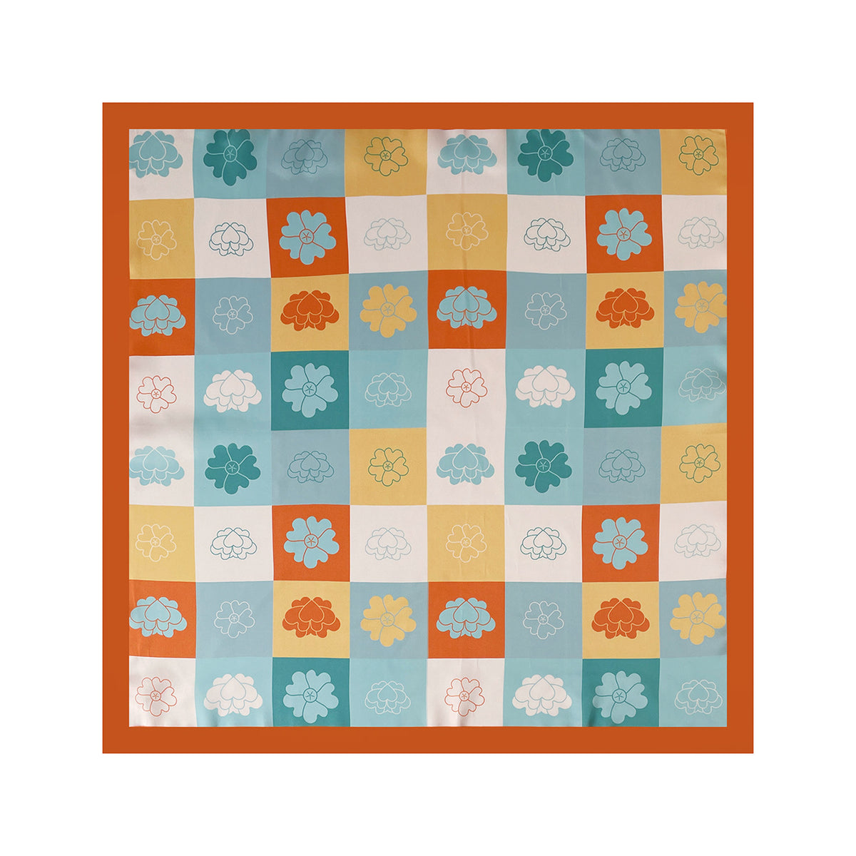 Checkerboard Floral Print Square Bandana - Orange