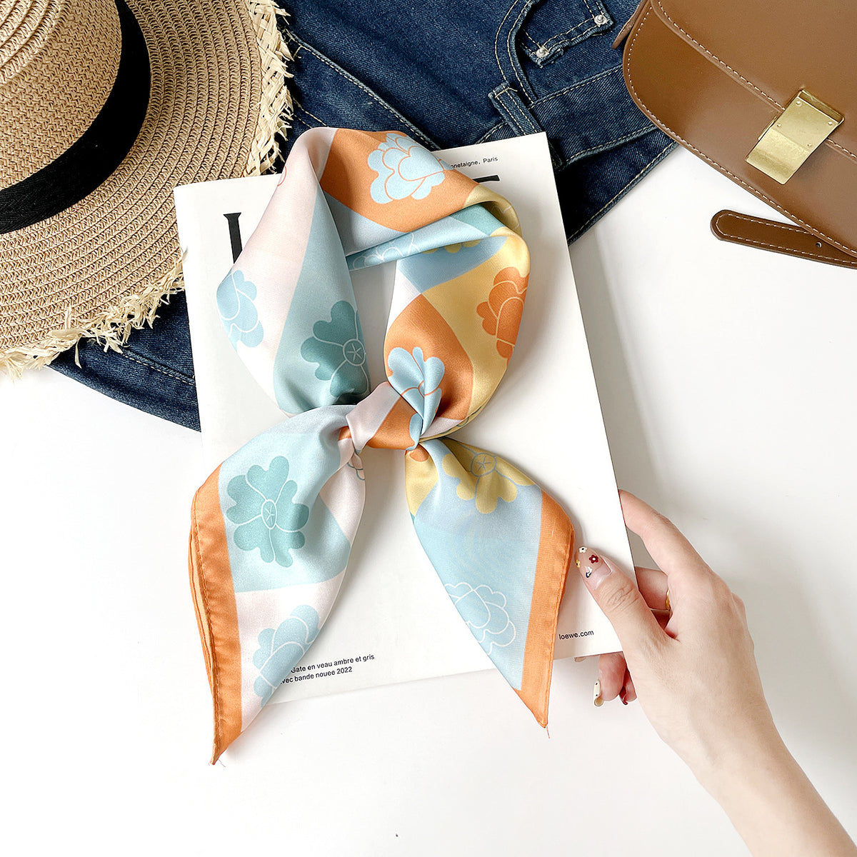 Checkerboard Floral Print Square Bandana - Orange - 1