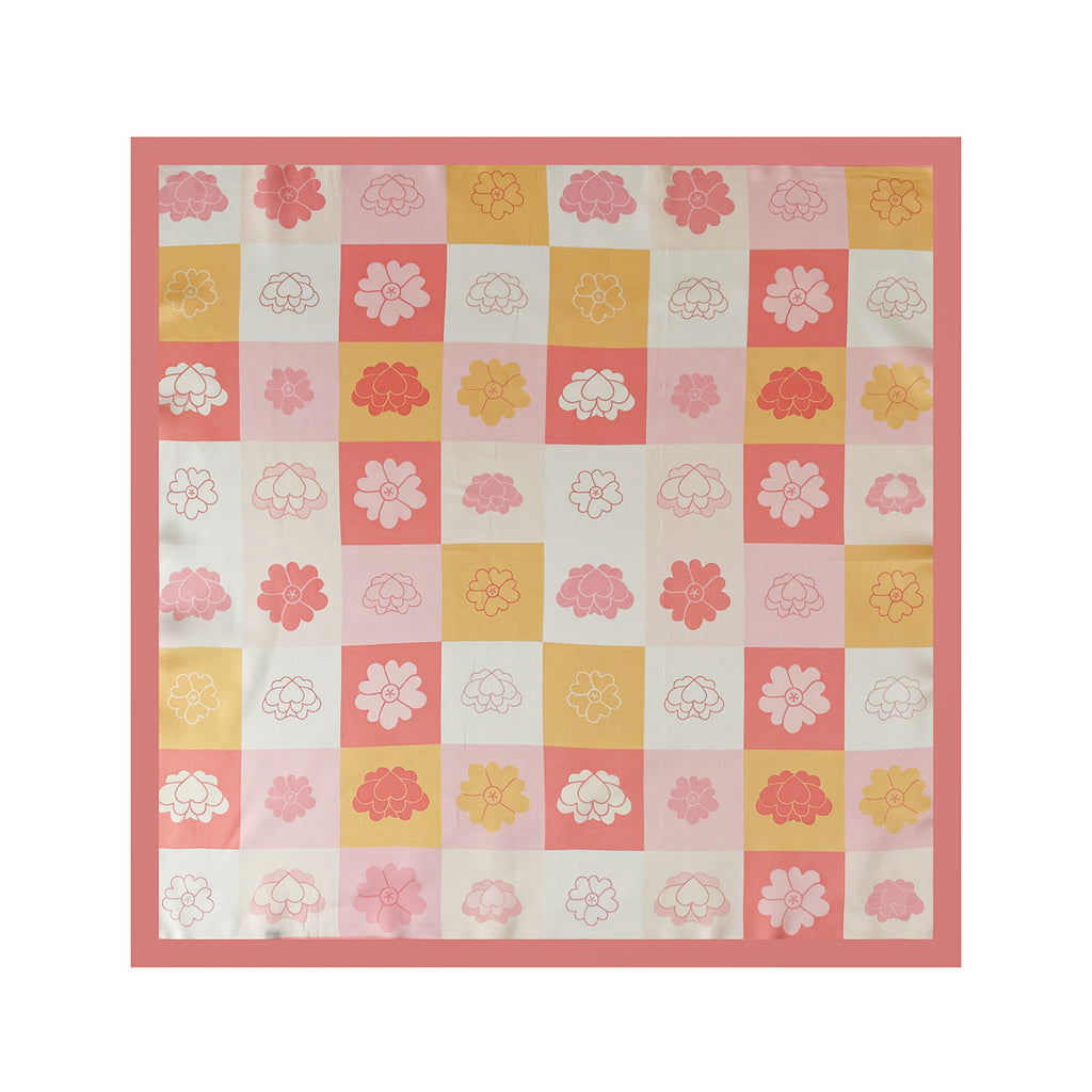 Checkerboard Floral Print Square Bandana - Pink