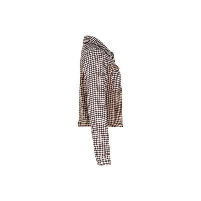 Cropped Houndstooth Plaid Button Front Jacket - Coffee - 1