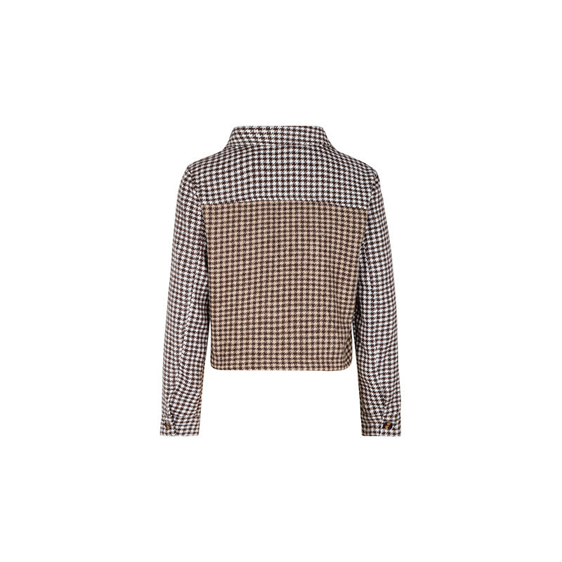 Cropped Houndstooth Plaid Button Front Jacket - Coffee - 2
