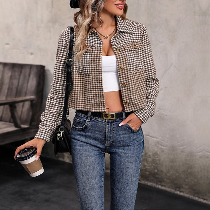 Cropped Houndstooth Plaid Button Front Jacket - Coffee - 4