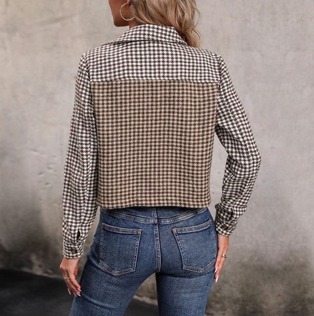 Cropped Houndstooth Plaid Button Front Jacket - Coffee - 5