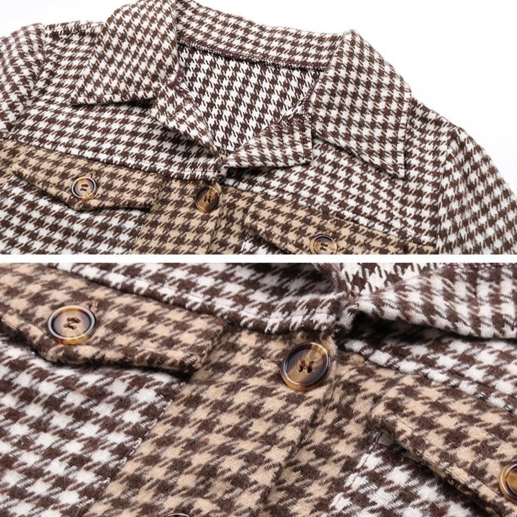 Cropped Houndstooth Plaid Button Front Jacket - Coffee - 6