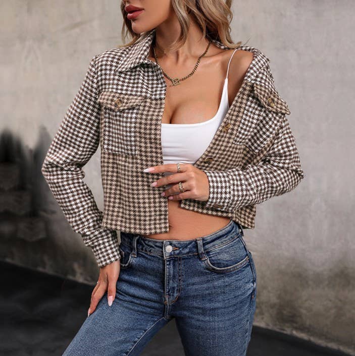Cropped Houndstooth Plaid Button Front Jacket