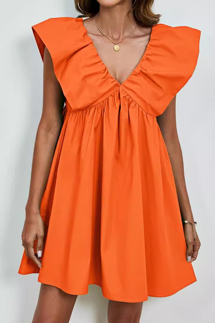 Winged Shoulder Babydoll Swing Mini Dress - orange