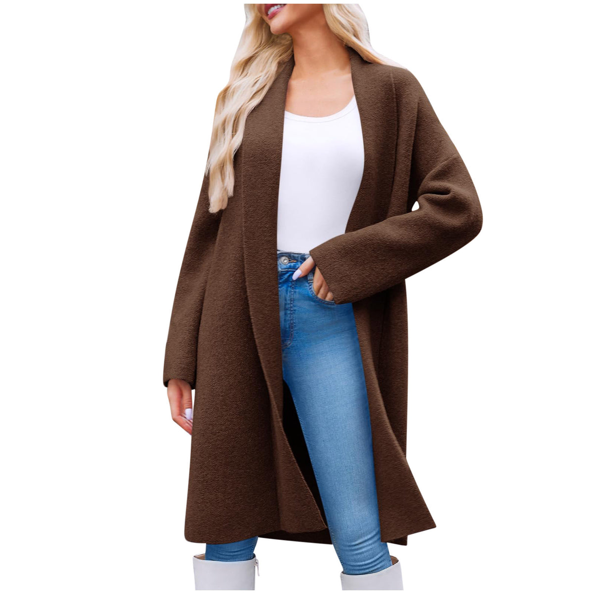 Shawl Collar Longline Open Front Cardigan - Brown