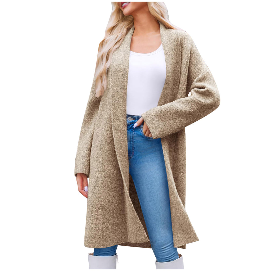 Shawl Collar Longline Open Front Cardigan - Khaki