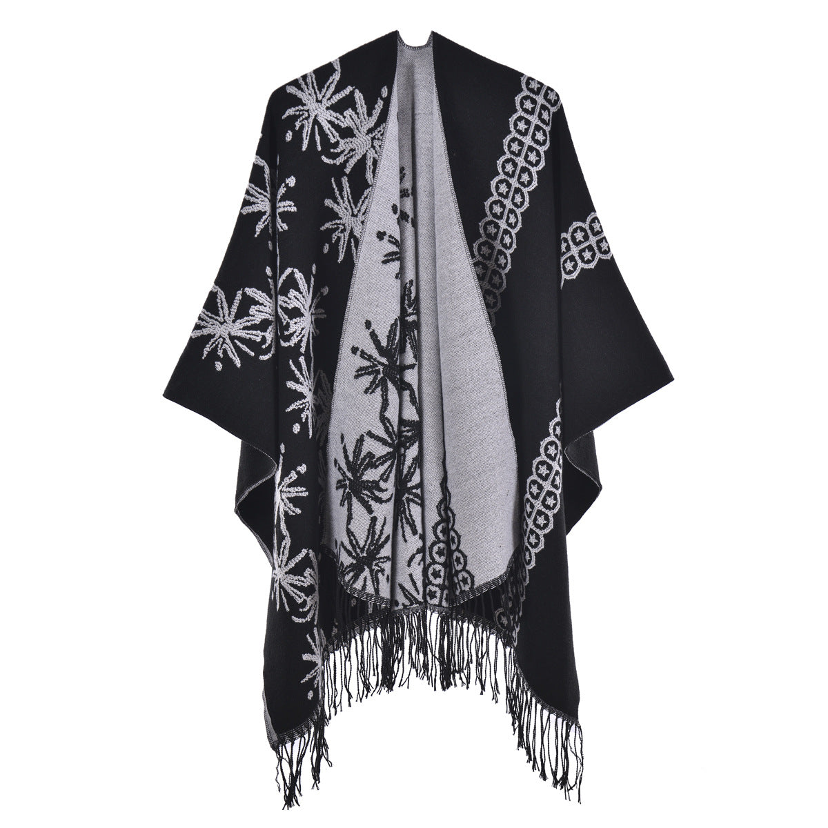Reversible Floral Fringed Ruana Wrap - black