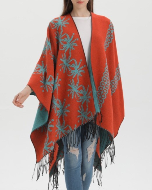 Reversible Floral Fringed Ruana Wrap - orange