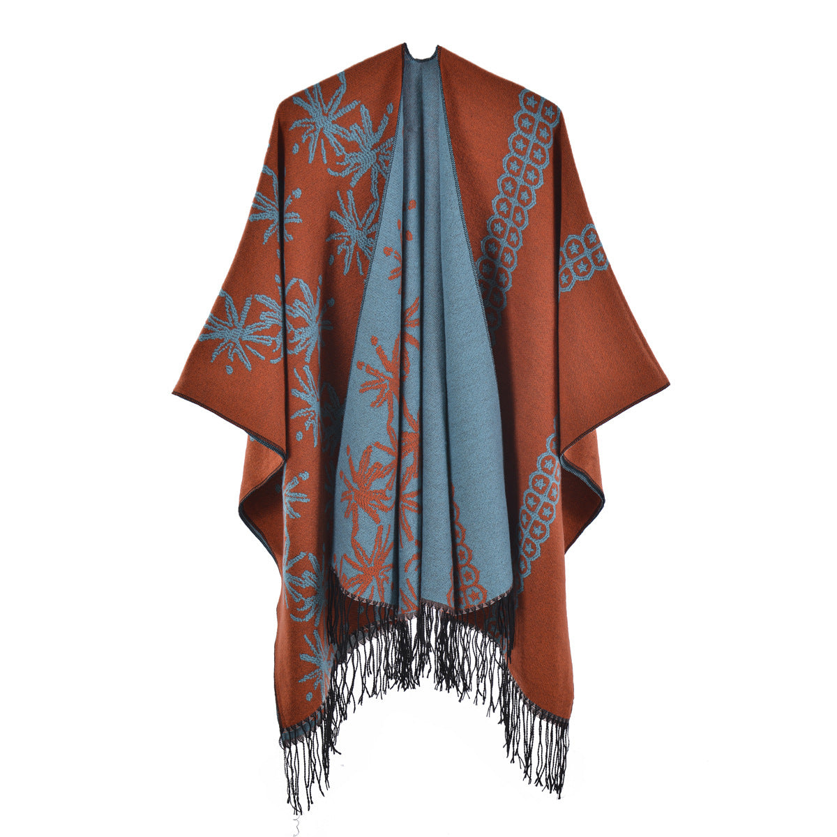 Reversible Floral Fringed Ruana Wrap - orange - 1