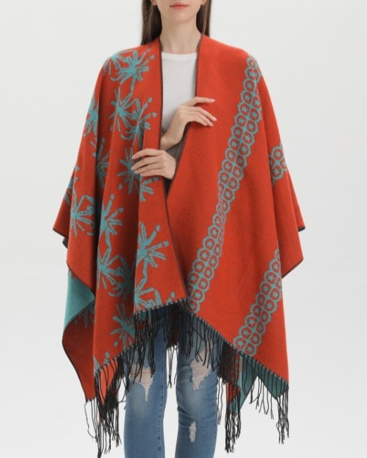 Reversible Floral Fringed Ruana Wrap - orange - 2