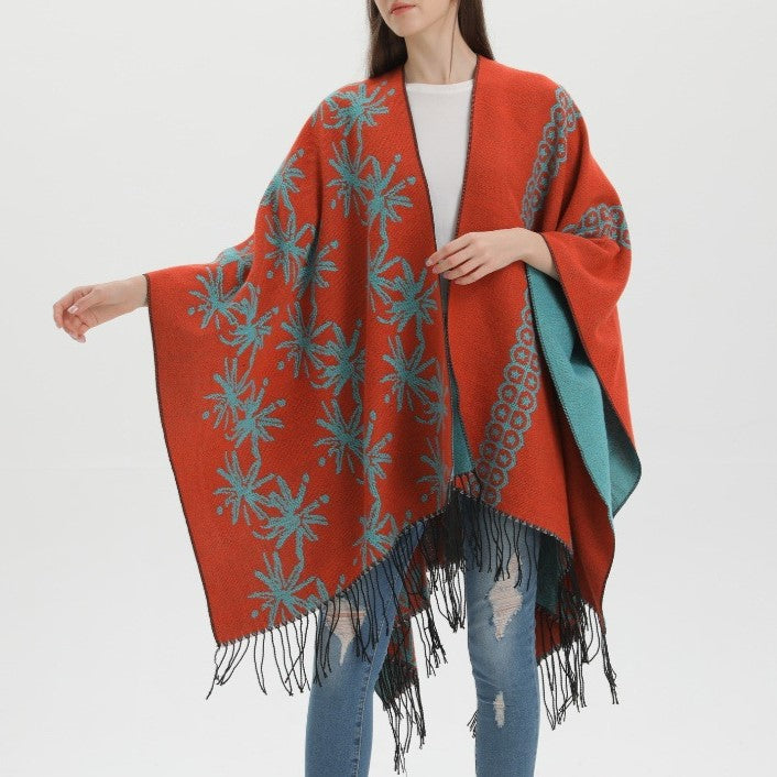 Reversible Floral Fringed Ruana Wrap - orange - 3