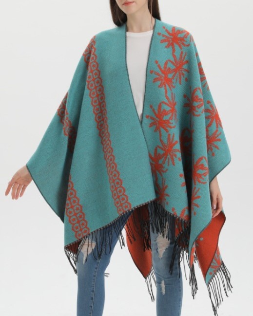 Reversible Floral Fringed Ruana Wrap - orange - 4