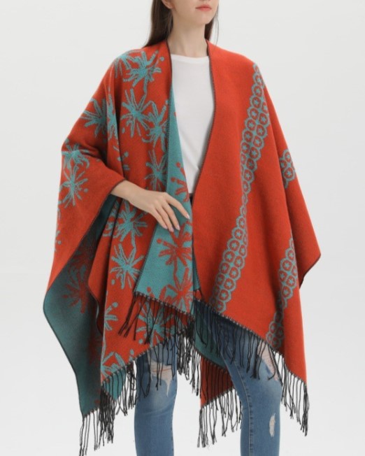 Reversible Floral Fringed Ruana Wrap - orange - 5