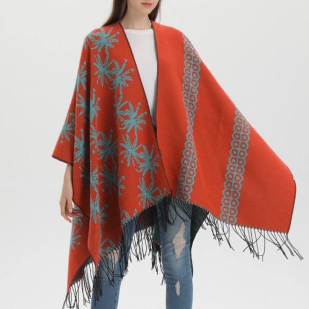 Reversible Floral Fringed Ruana Wrap - orange - 6