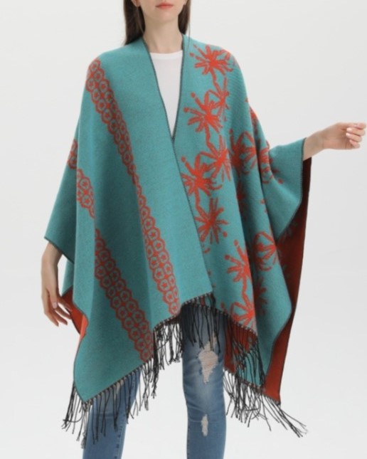 Reversible Floral Fringed Ruana Wrap - orange - 7