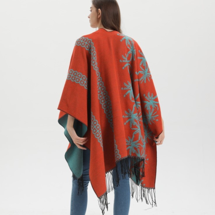 Reversible Floral Fringed Ruana Wrap - orange - 8