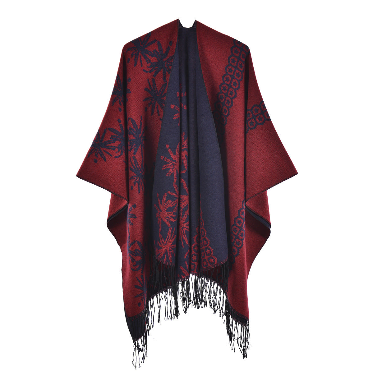 Reversible Floral Fringed Ruana Wrap - red
