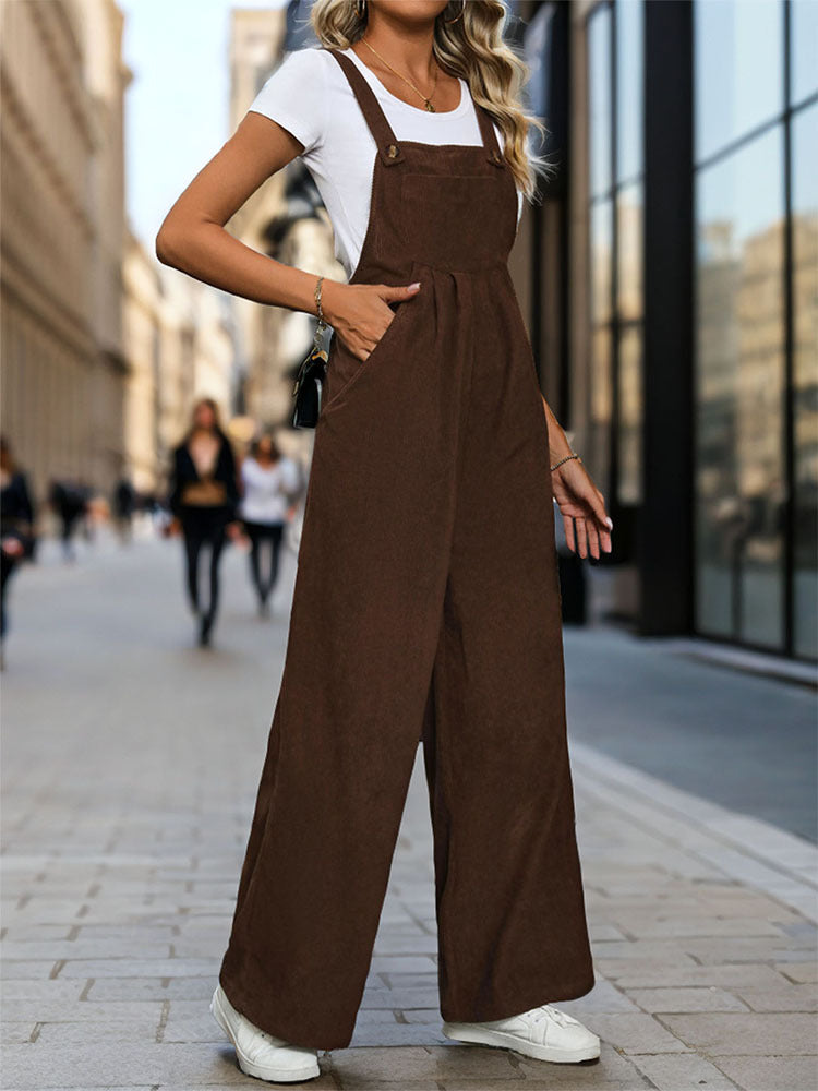 Corduroy Wide Leg Overall Jumpsuit - Brown - 3