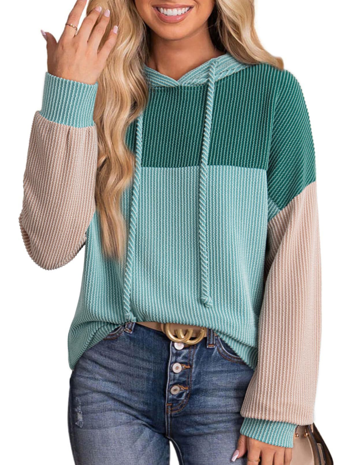 Colorblock Textured Rib Drawstring Hoodie - Green - 1